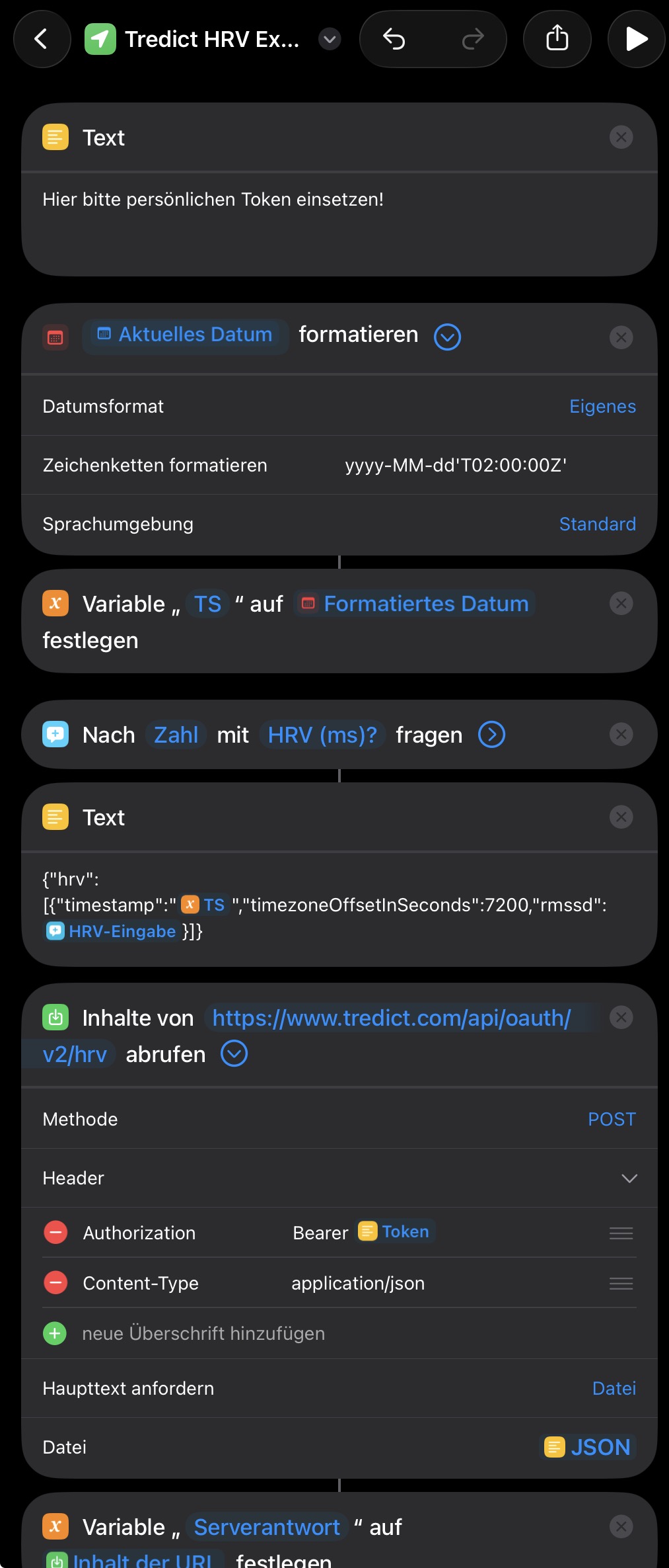 Apple Kurzbefehl überträgt die HRV über die Tredict Personal API nach Tredict