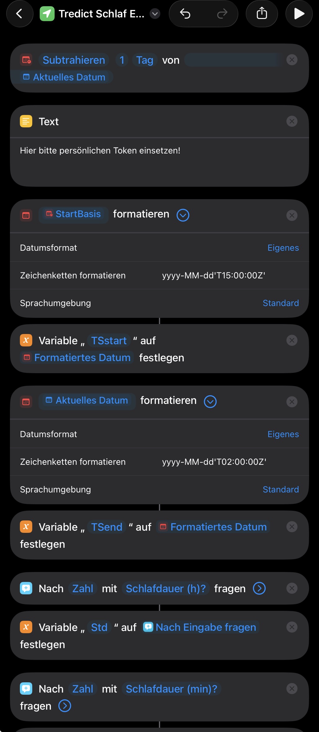 Apple Kurzbefehl berechnet das Dummy-Schlaffenster und fragt die Schlafdauer in Stunden und Minuten ab