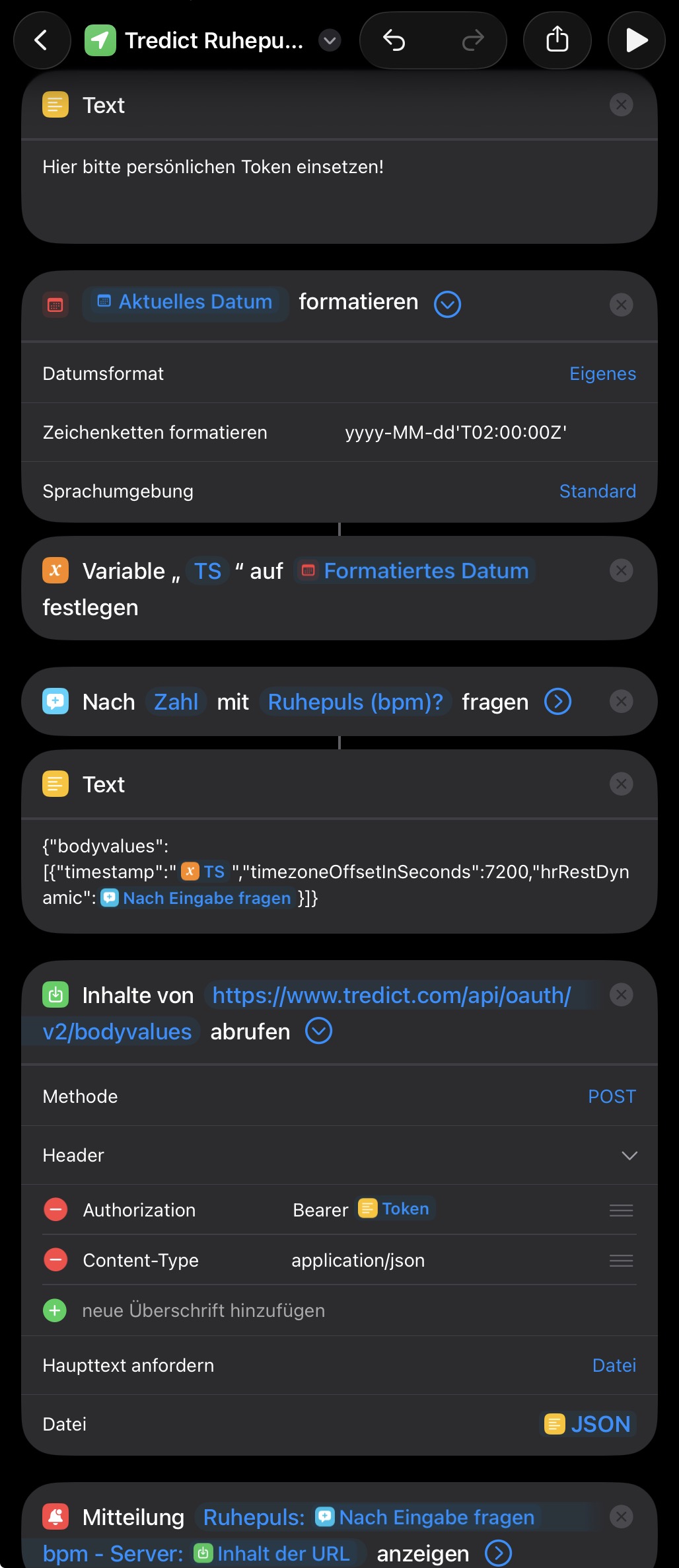 Apple Kurzbefehl schreibt den Ruhepuls als hrRestDynamic in die Tredict-Körperdaten
