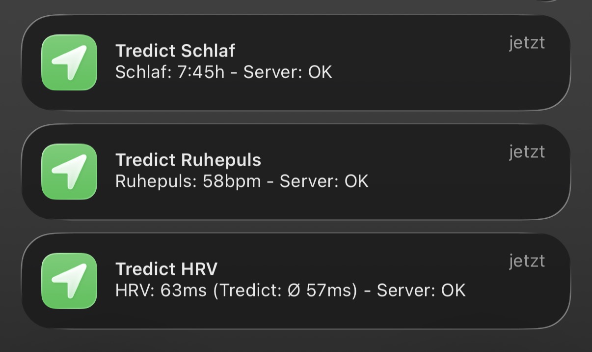 Mitteilungen auf dem iPhone mit den nach Tredict übertragenen Werten für Schlaf, Ruhepuls und HRV