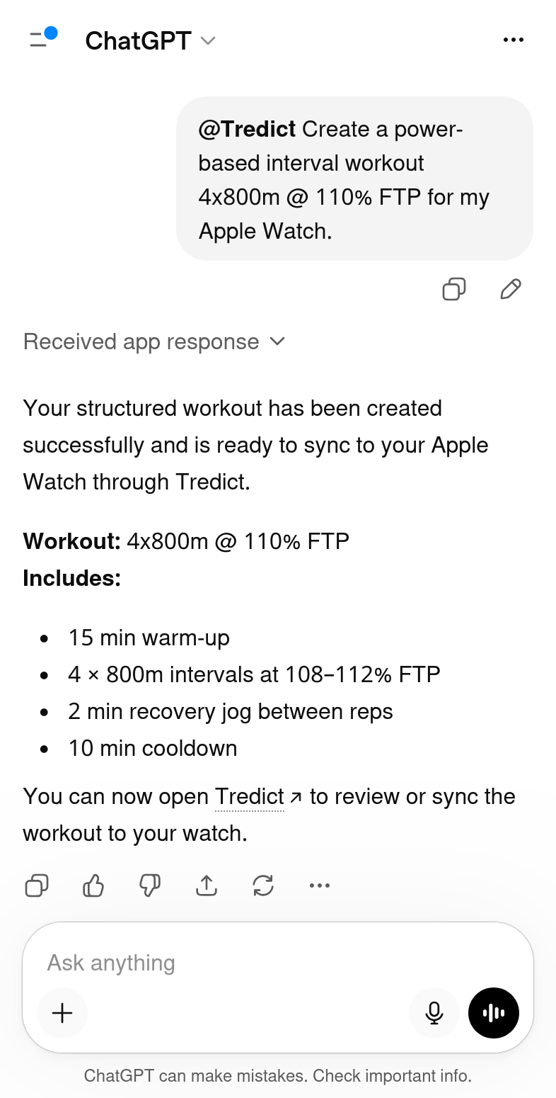 ChatGPT erstellt ein wattbasiertes 4x800m Intervalltraining für die Apple Watch über die Tredict ChatGPT App