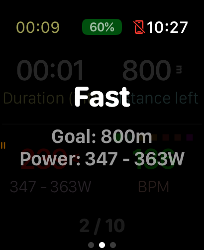Apple Watch zeigt schnelles Intervall-Segment eines strukturierten Workouts in Watchletic