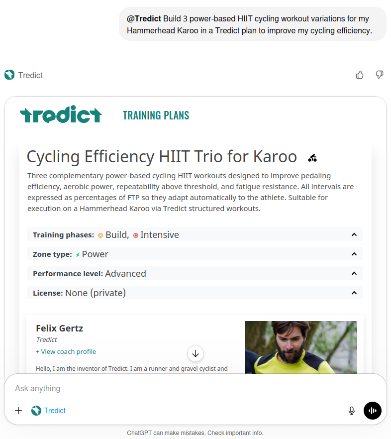 ChatGPT creates power-based HIIT workouts for the Hammerhead Karoo through the Tredict ChatGPT App