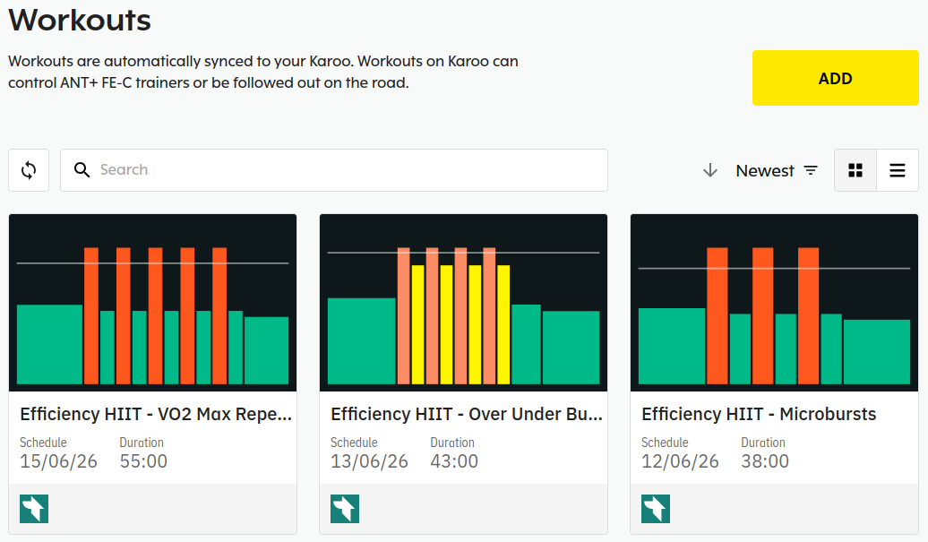 The structured workouts synchronised by Tredict in the Hammerhead dashboard
