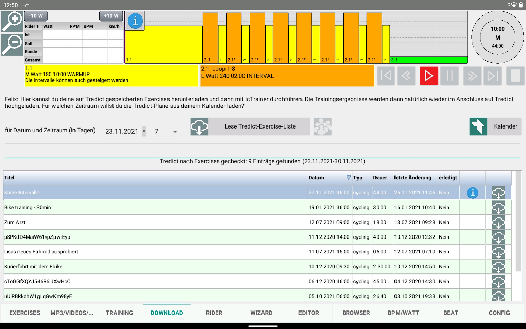 Tredict training session in icTrainer