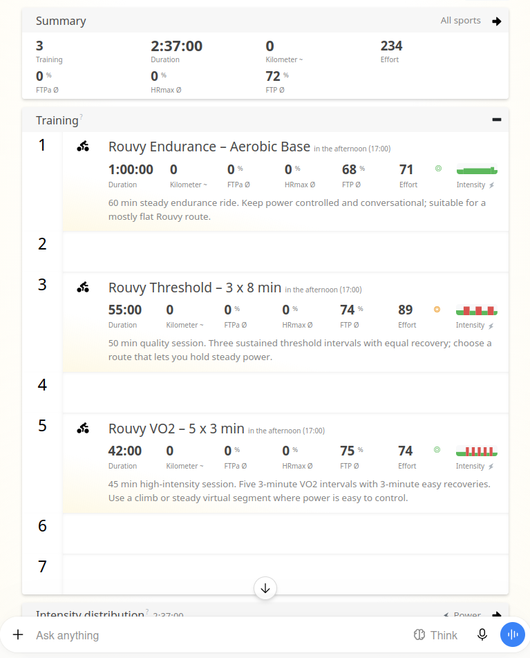 Training plan with Rouvy workouts created by AI in the Tredict ChatGPT Plugin
