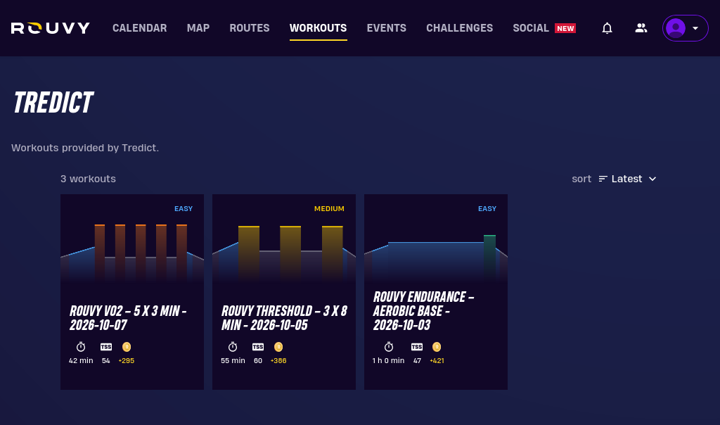 Workouts planned by ChatGPT in Tredict, shown in the Tredict folder in the Rouvy workout overview