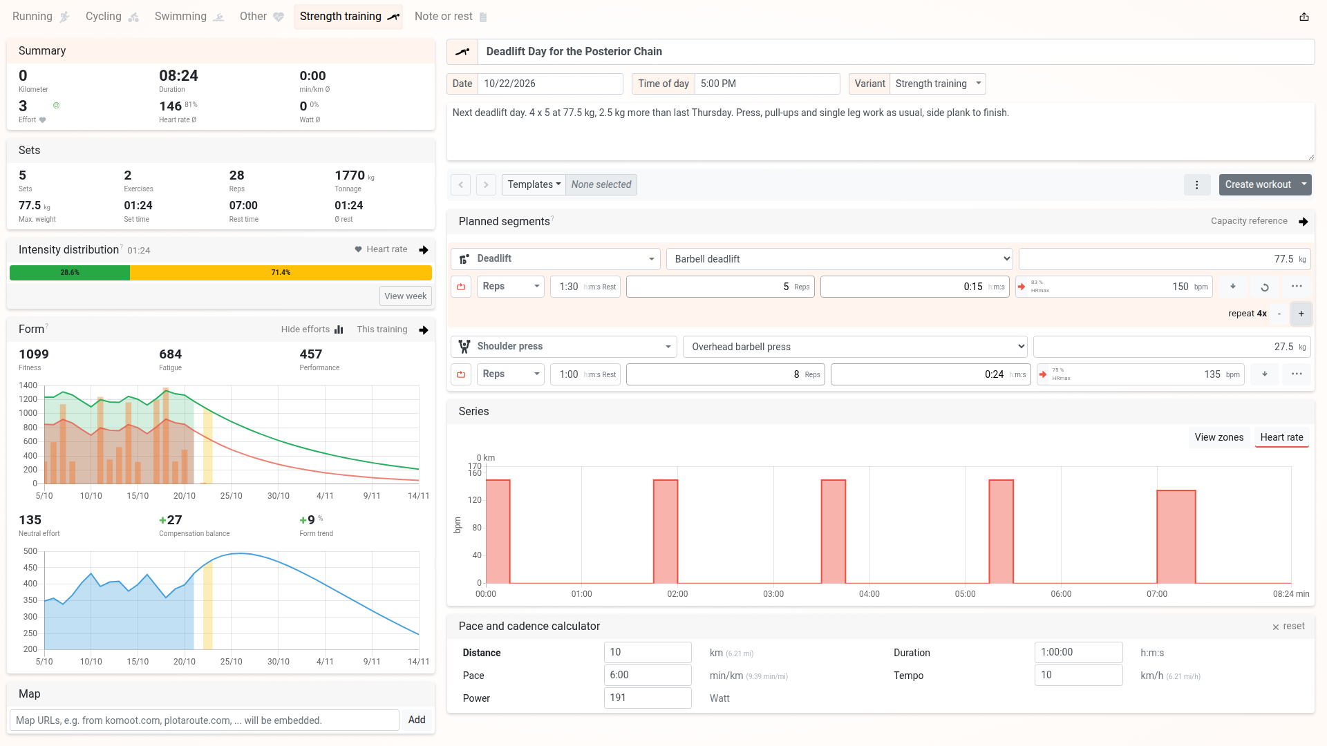 Workout editor in Tredict with the Strength training tab and a strength set made up of exercise type, exercise, weight, set target and rest between sets