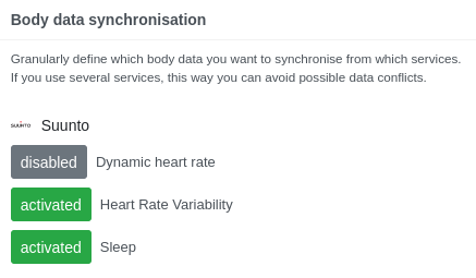 Suunto body data synchronisation settings