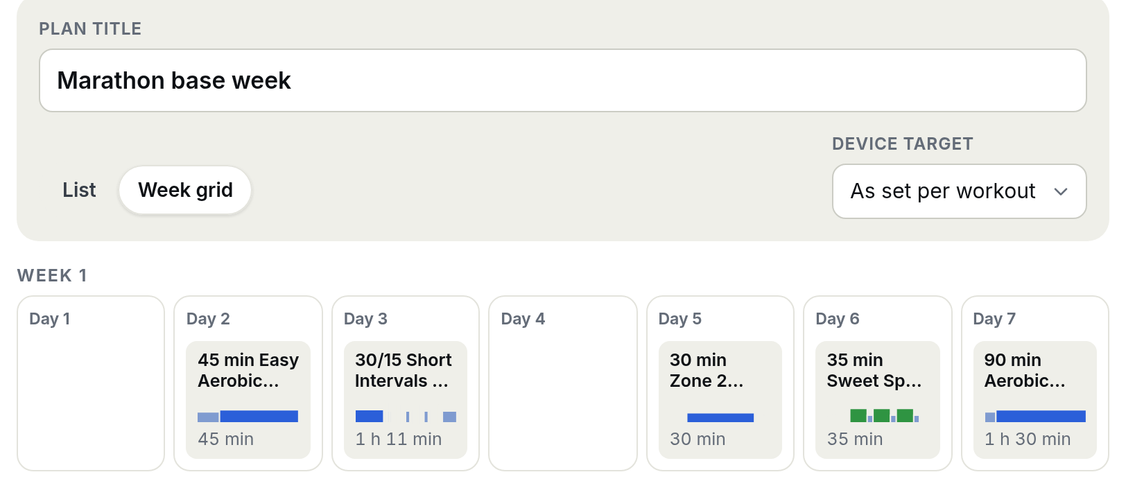 A week plan arranged in the week grid of the Structured Workout Library with an easy run, interval session, two rides and a long run across the days