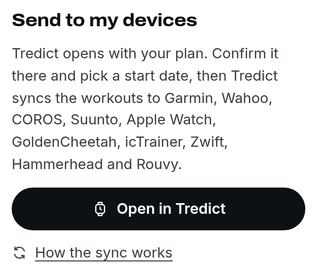 The Send to my devices panel in the Structured Workout Library with the download options and the Open in Tredict button