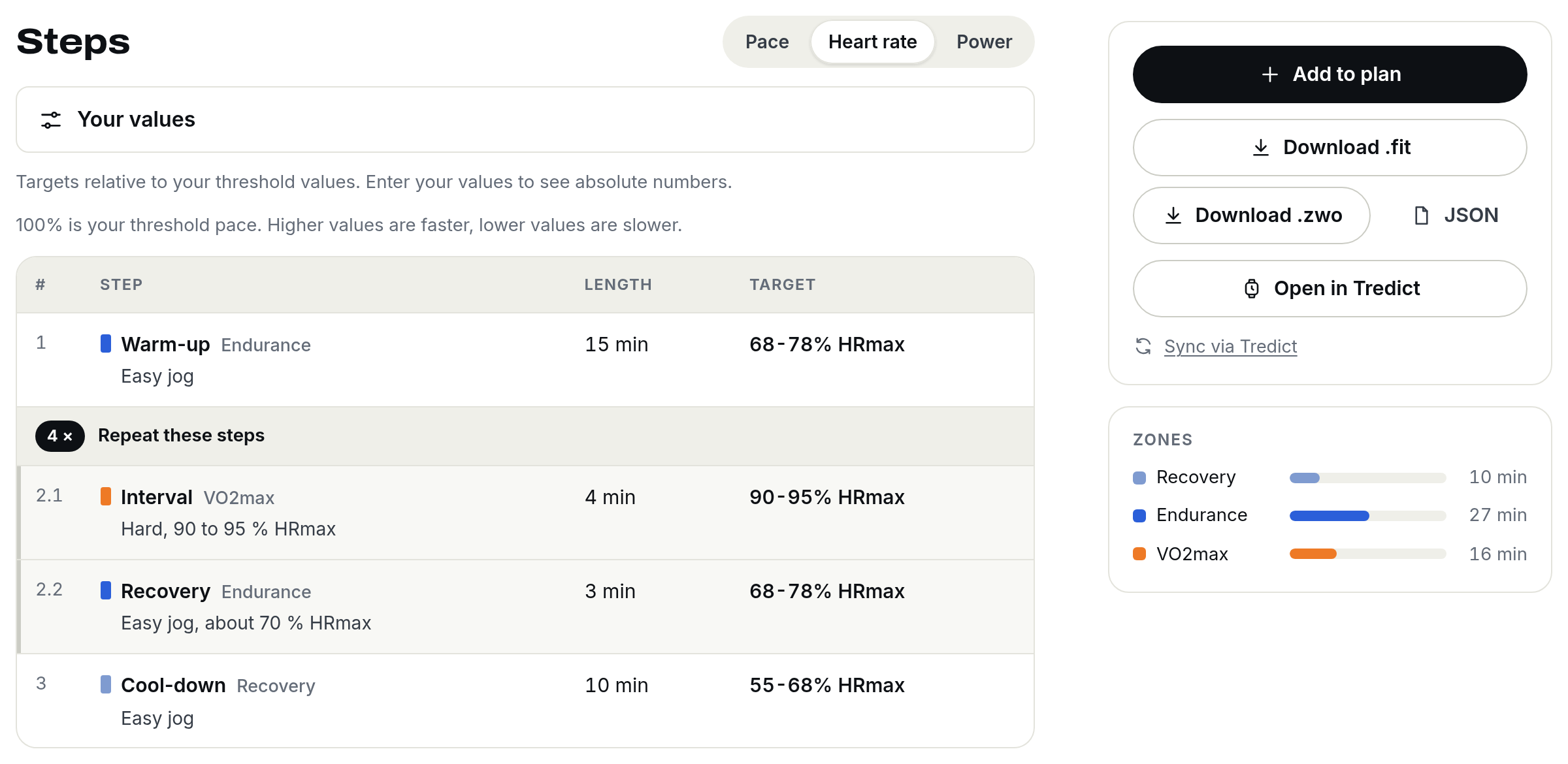 The steps of a VO2max workout with heart rate targets and the Open in Tredict button in the Structured Workout Library