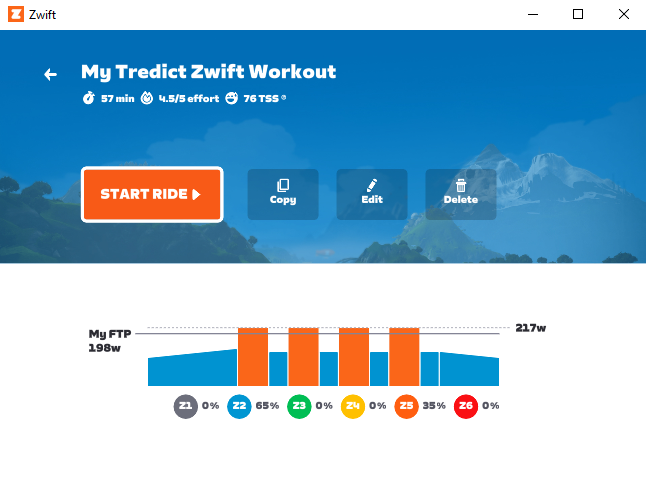 A structured workout planned by Tredict ready for execution in Zwift
