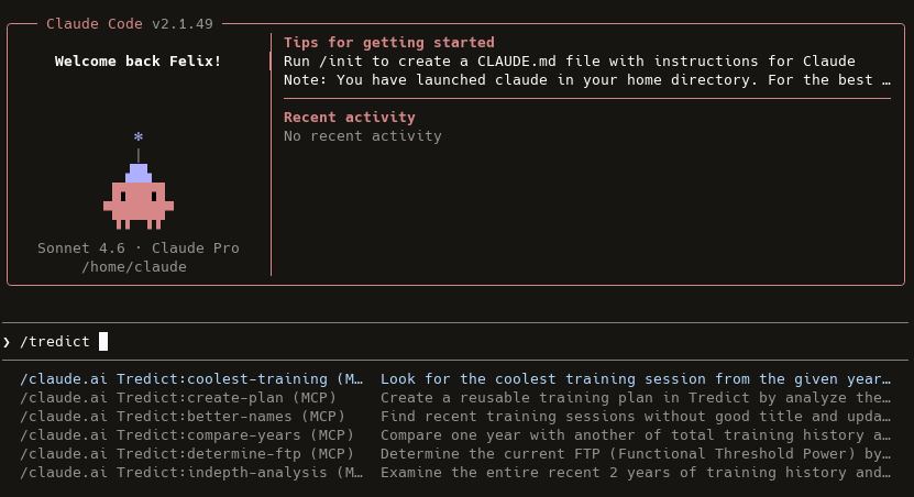 In Claude Code, a training plan for running is created in Tredict.