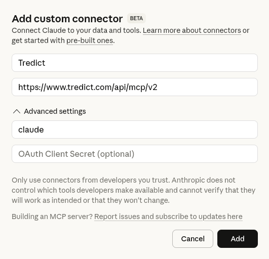 Add Tredict MCP connector to Claude Web.