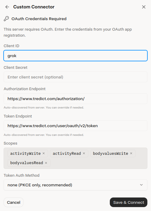 Enter the OAuth credentials for the Tredict connector in Grok.