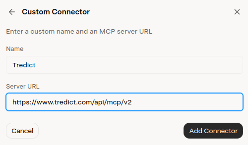 Enter the name and MCP server URL for Tredict in Grok.