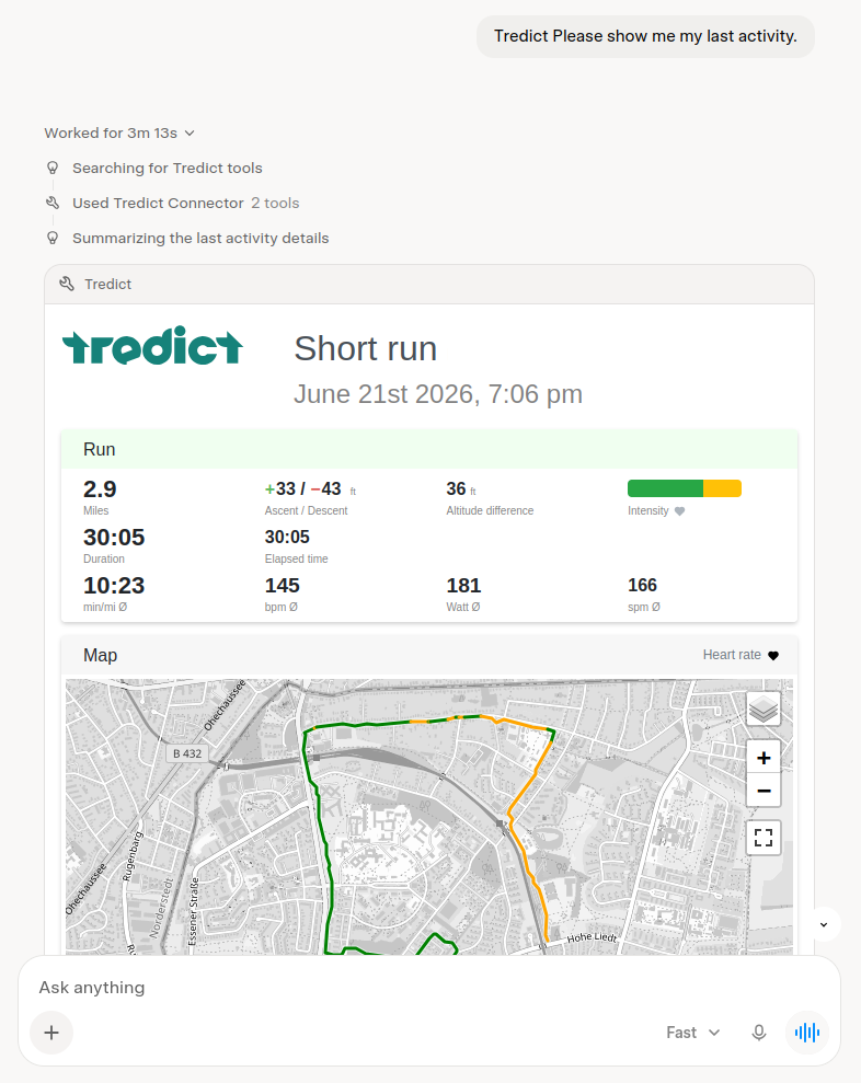 Grok shows an activity in the interactive Tredict MCP app in the chat history.