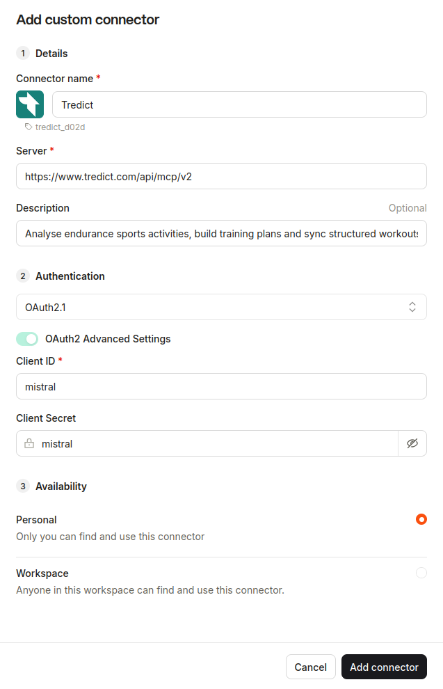 Set up the custom OAuth connector for Tredict in Mistral Vibe Chat.