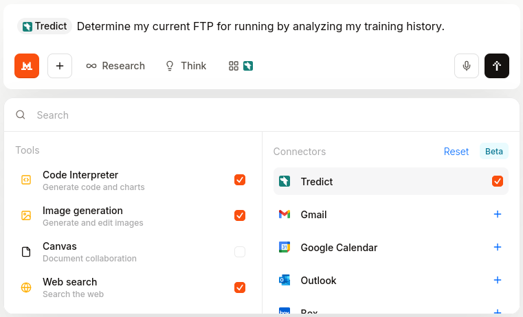 Select the Tredict MCP connector in Mistral Le Chat.