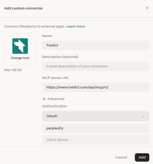 Add the Tredict MCP connector to Perplexity.
