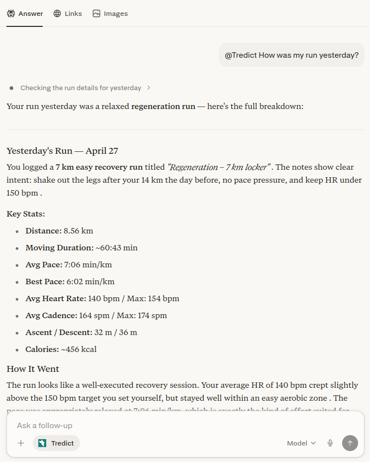 Perplexity response using the Tredict MCP connector.