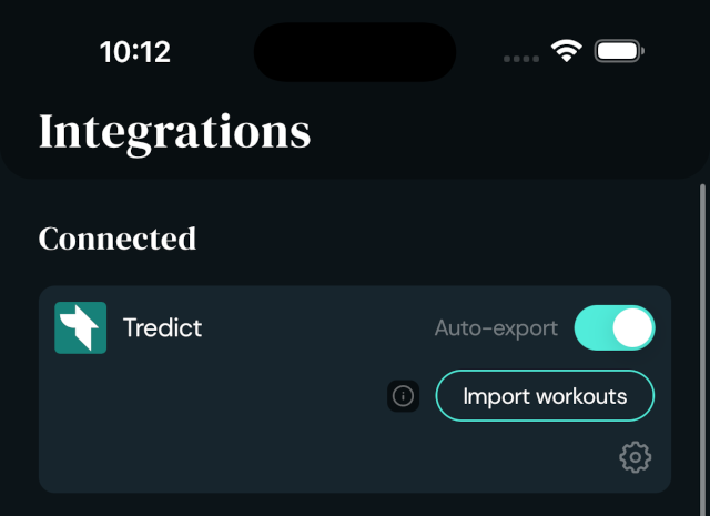 Watchletic integrations view with active Tredict connection, auto-export and workout import.