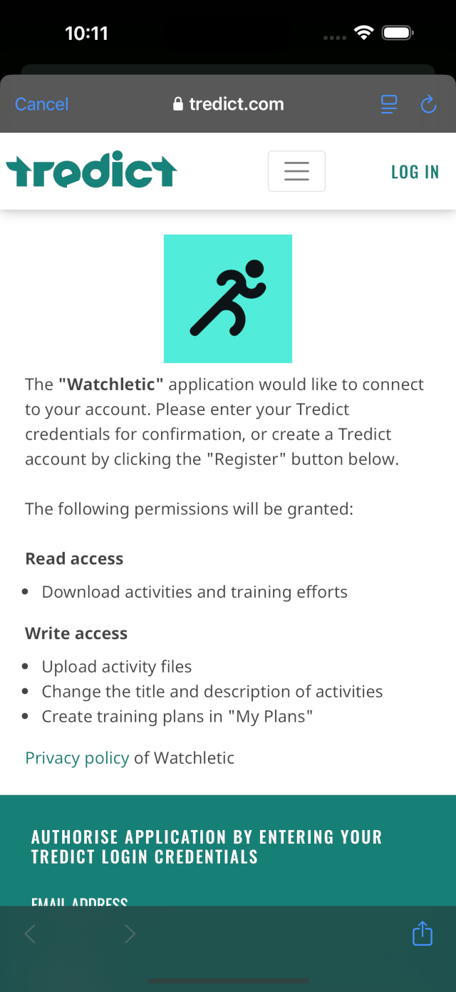 Tredict OAuth authorisation with Watchletic on iPhone.