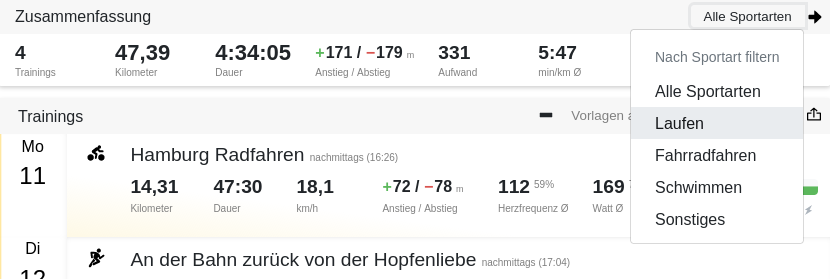 De Kalender kann na Sportoort filtert warrn.
