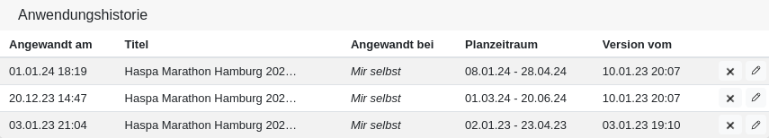 In de Anwennungshistorie kann en Plaan wedder ut den Övenkalender rutnahmen warrn.