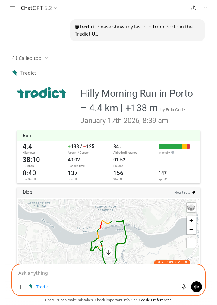 ChatGPT displays an activity for running in the Tredict MCP app.