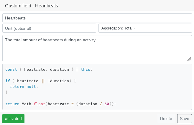 This custom field calculates the number of heartbeats during a workout