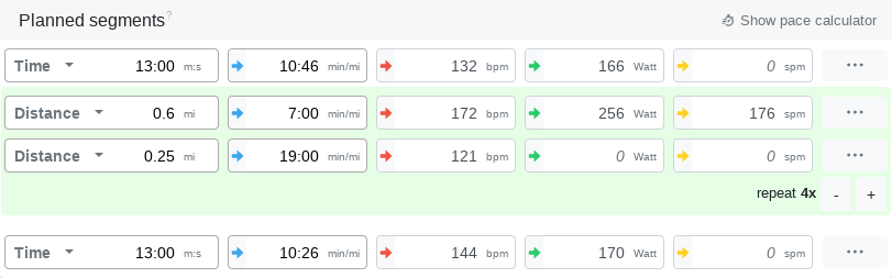 Segments planning for interval training, resulting in duration, distance and effort