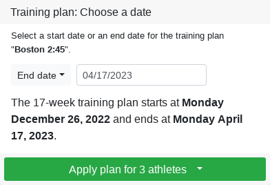 A training plan is applied to 3 athletes at the same time.